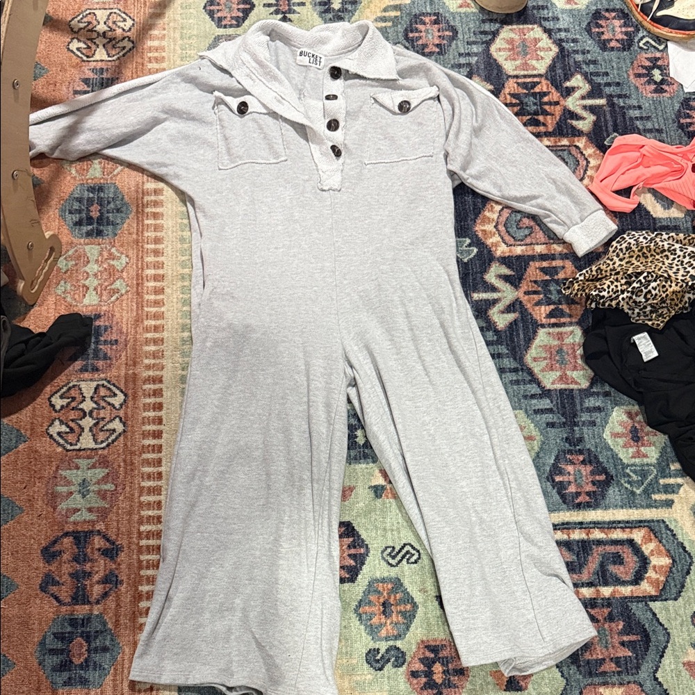 BUCKETLIST Light Gray Long Sleeve Jumpsuit with Button Collar